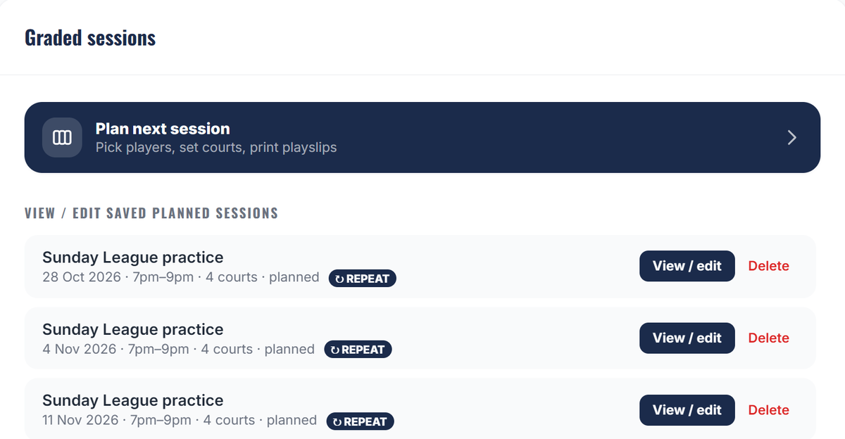Graded sessions in the admin: a weekly club night saved for each date of the term, each marked as repeating