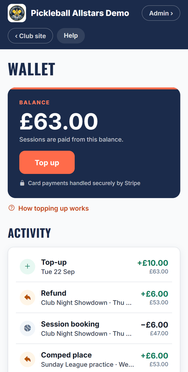 A member's wallet on their phone: the balance, a Top up button paid by card through Stripe, and recent bookings and refunds